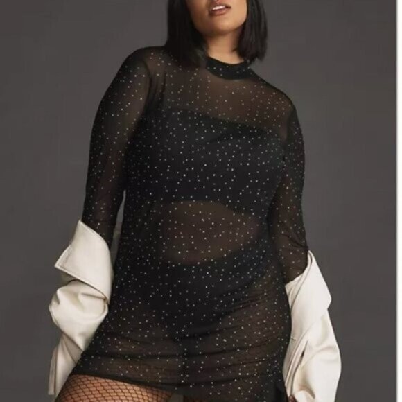 Eva Franco Long‑Sleeve Sheer Mesh Rhinestone Tunic Top, Size M — Statement Layer - Picture 1 of 16